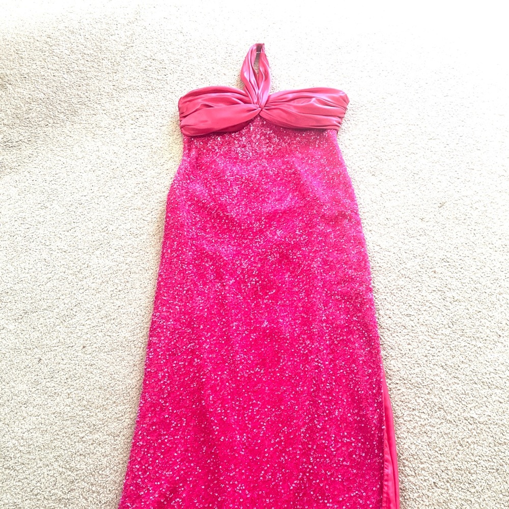 Scala Halter Double Wrap Open Back Hot Pink Sequi… - image 5